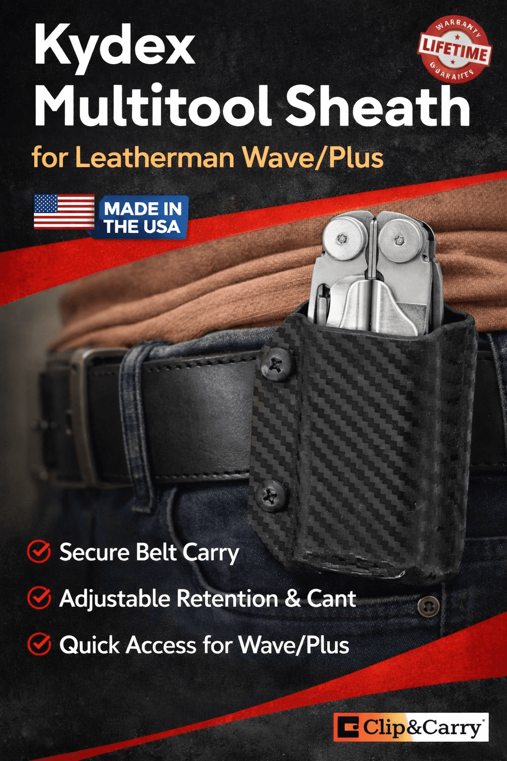 Kydex sheath on a belt holding a Leatherman multitool